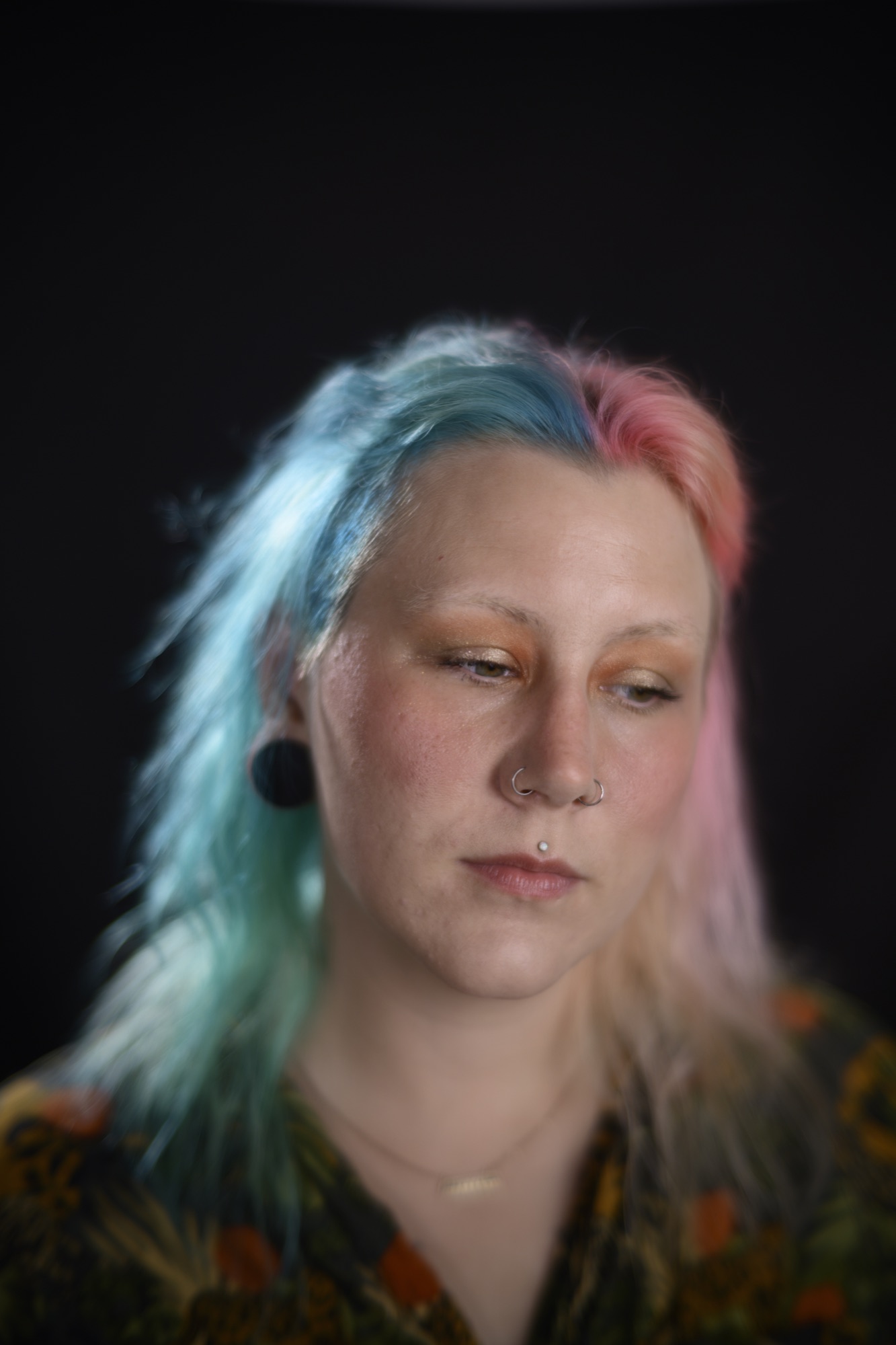 Color-lit studio portrait